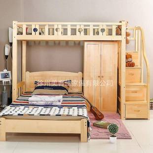 实木双层高架床上下铺儿童子母床多功能松木上下床衣柜组合