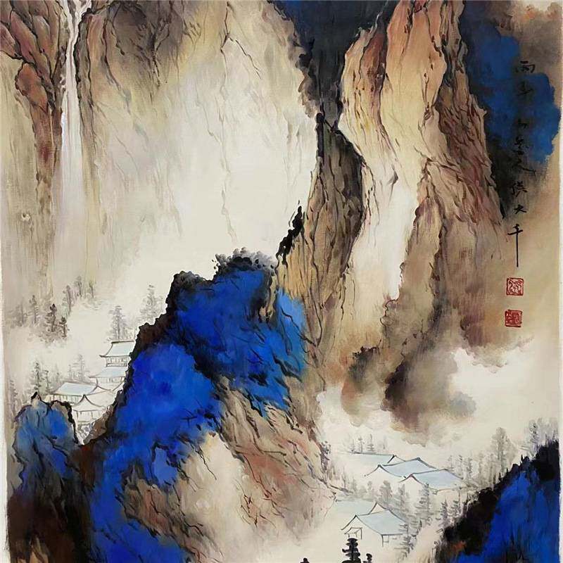 纯手绘油画新中式国画泼彩泼墨山水风景玄关客厅风水招财装饰挂画