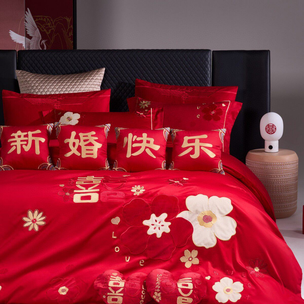 新款简约时尚婚庆四件套红色结婚床上用品被套床单陪嫁4件套女方