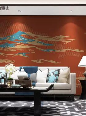 新中式色麦山水红墙大布客LRM厅堂背景壁布酒店餐厅包厢装饰墙纸