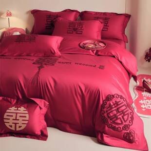 式婚庆四件套FT9JT中色婚礼新婚床单被套纯棉陪嫁嫁结婚床上用红