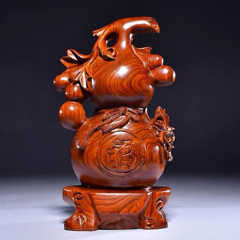 实木雕刻葫芦摆件木雕福字葫芦客厅玄关装饰品摆设木制工艺品花梨