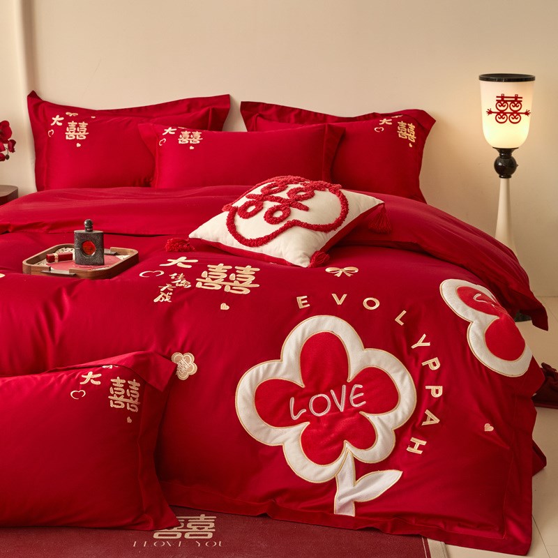 高档中式结婚四件套喜庆大红色刺绣纯棉被套床单陪嫁婚庆床上用品