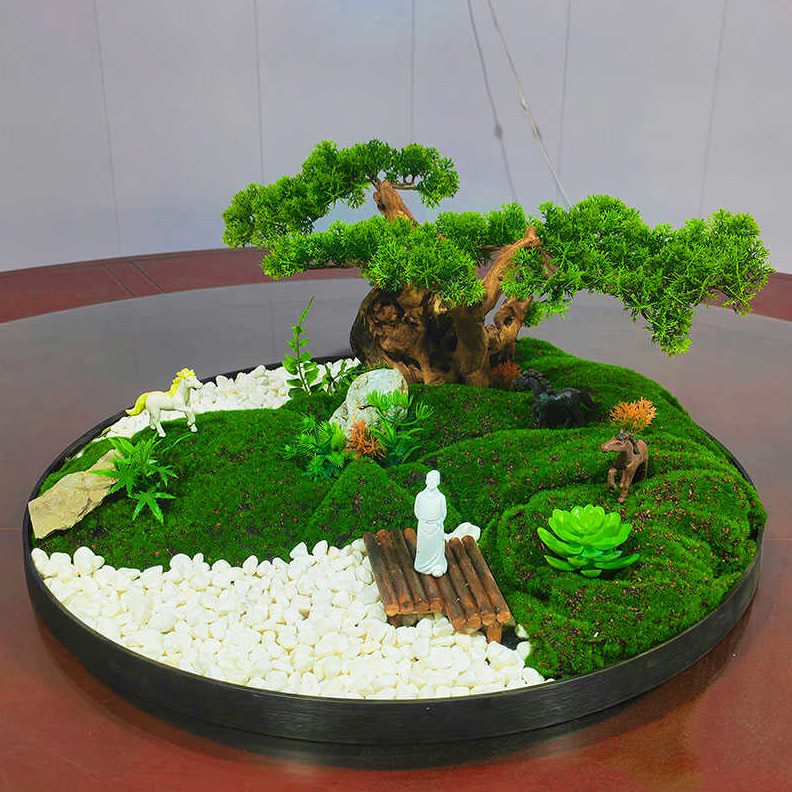 酒店间圆桌转盘餐厅造景桌面桌花枯山水摆件餐桌装饰新中式沙盘中