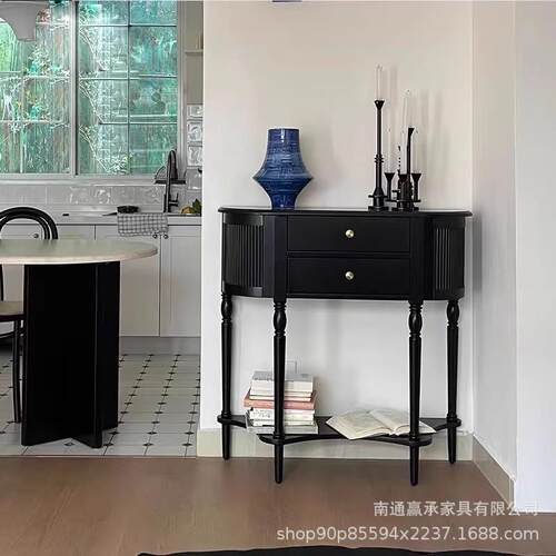 法式复690风实木玄关柜简约黑色客厅半走圆过道入户廊古玄装关饰