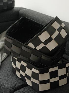 现代轻奢织编收纳篮棋盘格收置物筐高帽颜值卧UTY室衣间脏衣篓家