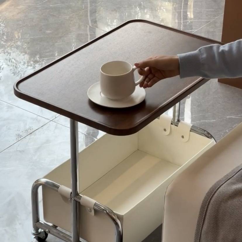 实木中古风可移动边几客厅小推车置物架角几摆件新中式带滚轮桌子