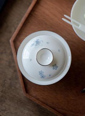 茶青花手玉绘蝴蝶陶盖碗泥白BHT瓷釉下彩蝶恋花文瓷人泡茶碗具