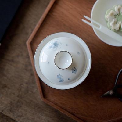 茶青花手玉绘蝴蝶陶盖碗泥白BHT瓷釉下彩蝶恋花文瓷人泡茶碗具