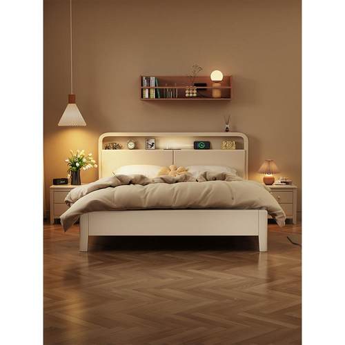 床全实木风1米8双人床1米2单1新126白人米5的床白色奶油家用简约