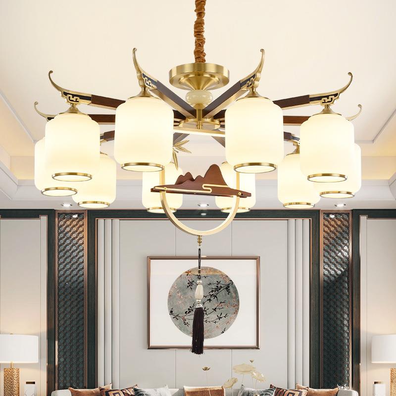 7023新中式全铜吊灯复古e客厅餐厅玻璃灯罩卧室灯l灯d铜艺复古风