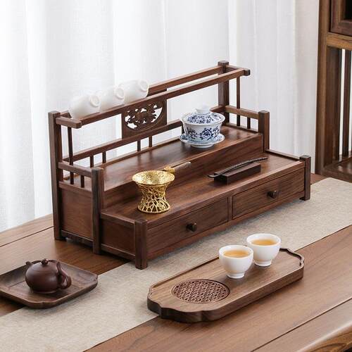 胡桃茶具紫实木收中纳架北CLB式美博古架双层茶壶木万人收藏