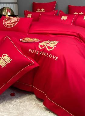 结婚上用品四件床套婚色庆红婚房喜被床单被hy24052套被单婚礼婚
