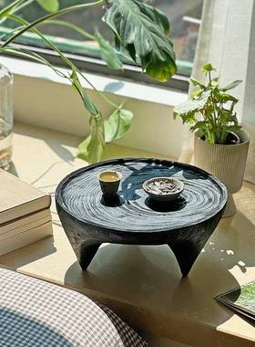 式实DBU木飘日窗桌子桌圆茶桌炕桌台炕几碳化木圆形茶盘地矮桌