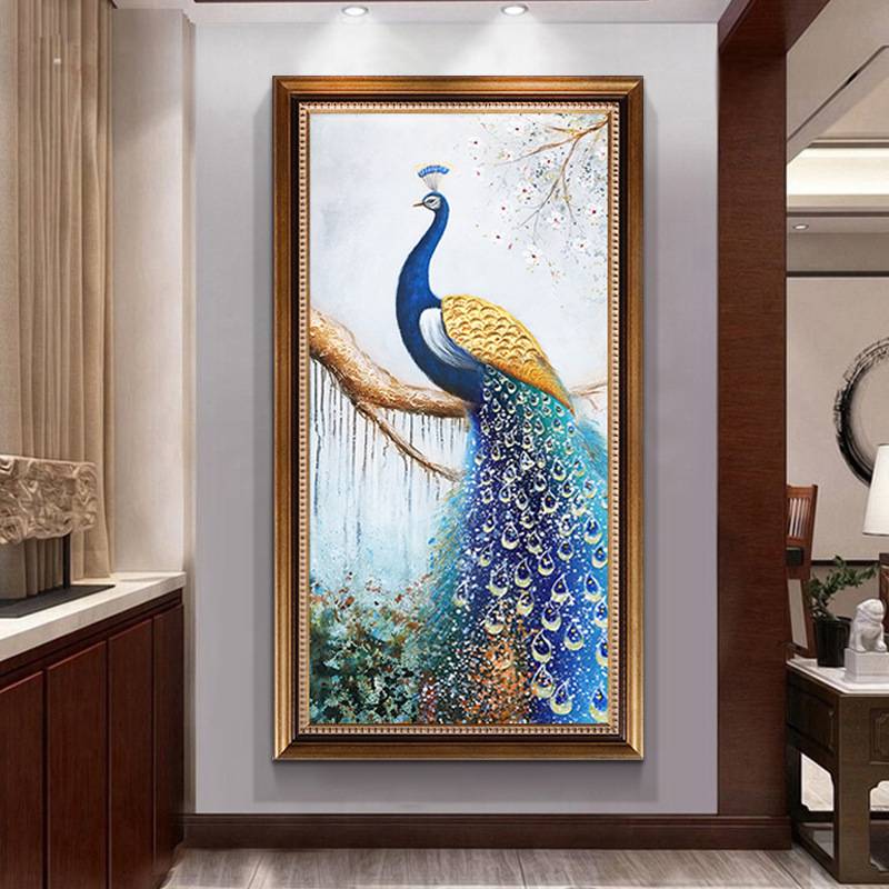 手绘油画挂画进门玄关装饰画轻奢美式客厅走廊过道画欧式壁画孔雀