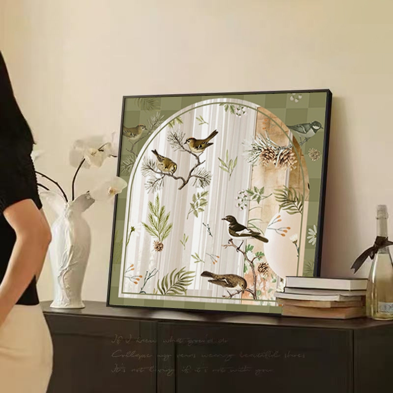 新中式花鸟镜子法式复古桌面摆件高级感卧室梳妆台摆画餐厅装饰画