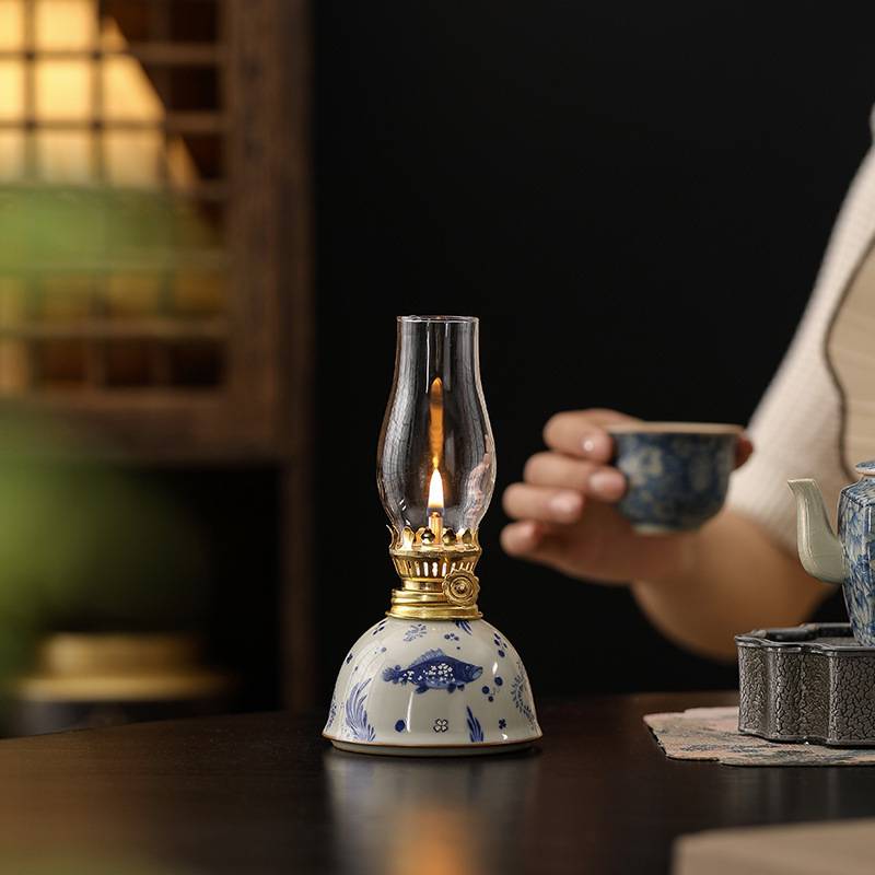德化陶瓷酥油灯露营茶室氛围灯家居复古手绘青花瓷装饰品小摆件
