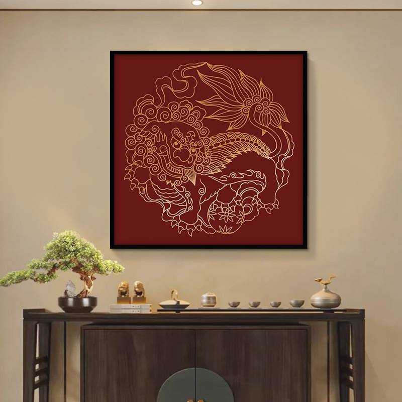 麒麟图挂画新中式红色抽象画中国风腾卧室玄关客厅装饰画壁画方形