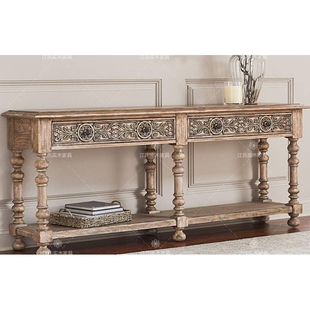 美式乡村复古仿古实木玄关台法式做旧白橡木沙发窄背几长条装饰桌