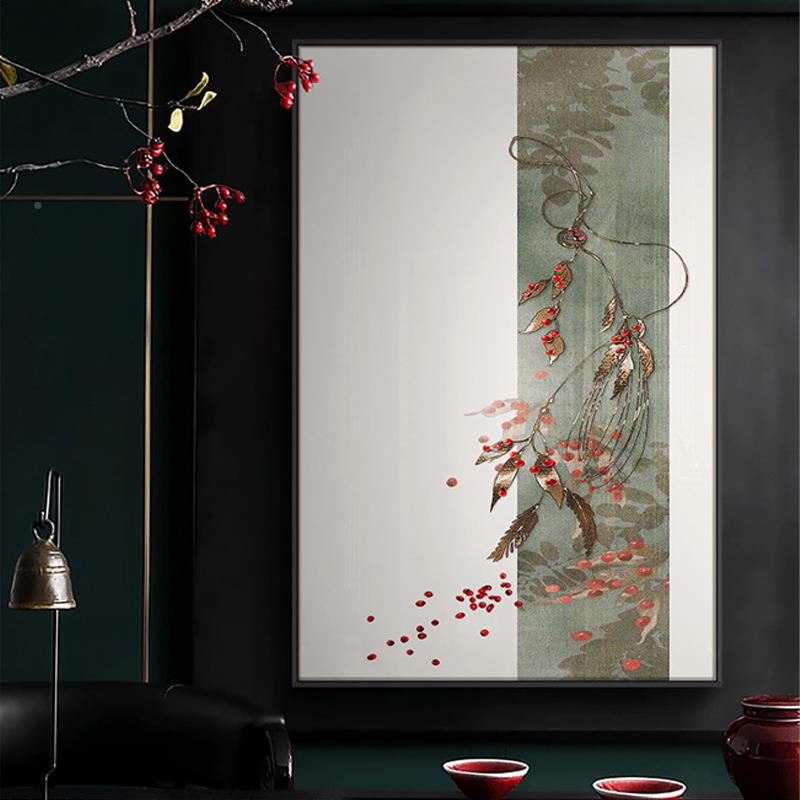 梨花燕新双中样式餐厅山水花装饰画板鸟房软装客厅YZ202404大气挂