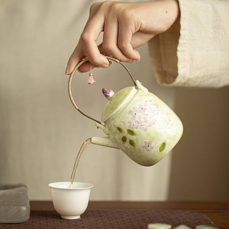 景德镇纯手绘釉下粉彩绣球茶壶提梁壶泡茶壶闷茶壶手工陶瓷茶具