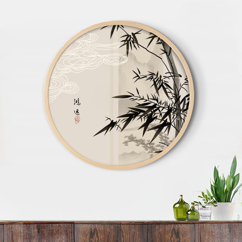 画玄关禅意圆形鸟墙纸背景墙装饰茶室画芯餐厅竹子新中式画花壁画图片