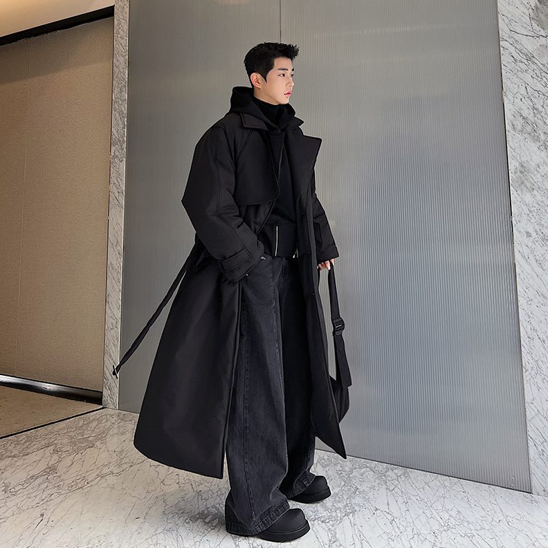 男暗黑系保暖羽绒加厚棉服腰带冬季袄小众过膝棉衣潮长款子设计感