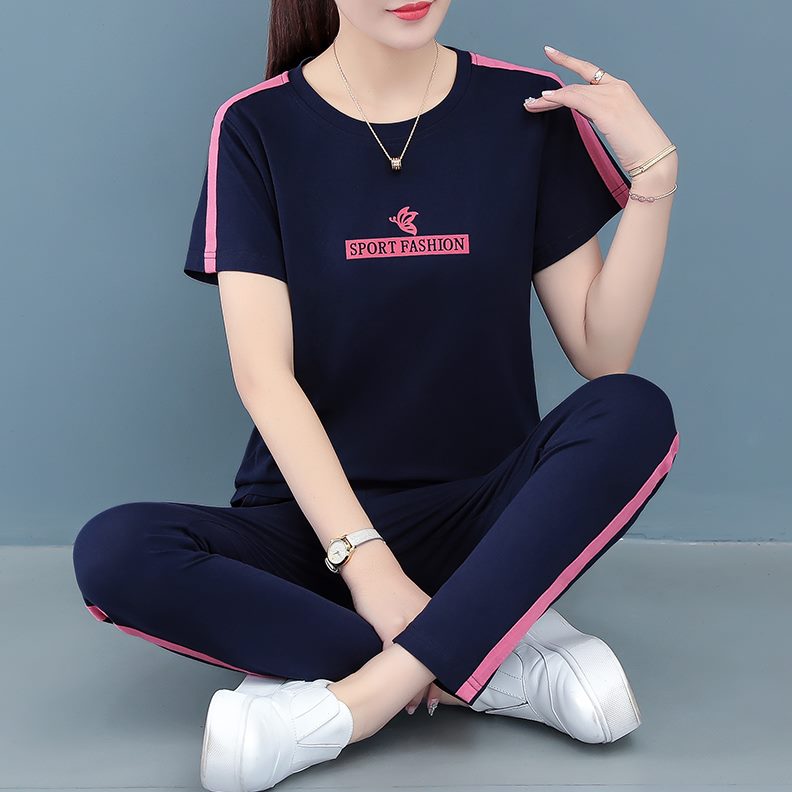 2024两件套跑步服新款年季时尚士休闲运动套装女夏夏天短袖纯棉女