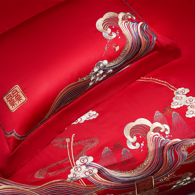 中式刺绣结婚床上四件套红色喜被120支全棉被套婚庆床单床上用品