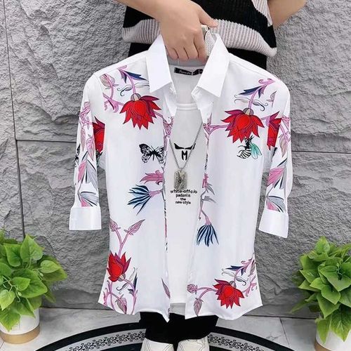 个性花卉印花衬衫男中袖夏季新款韩版潮流百搭网红七分袖男士衬衣