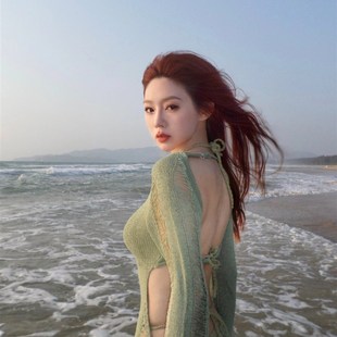 套头沙滩 三亚海边度假外搭长袖 绿色比基尼罩衫 温泉泳衣女2024新款