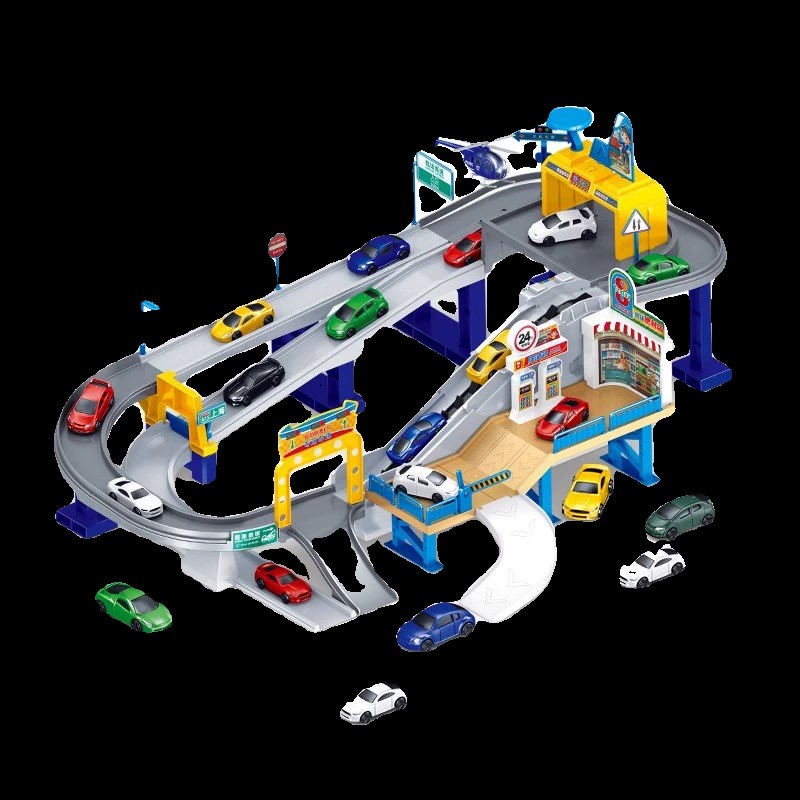 儿童大型城市立交电动轨道车停车场男孩闯关多层大楼滑轨跑道玩具