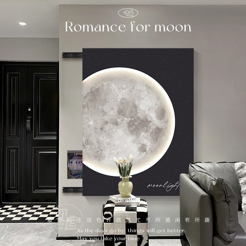 侘寂风沙发背景墙落地画高级感肌理画玄关装饰画月球灯画客厅挂画