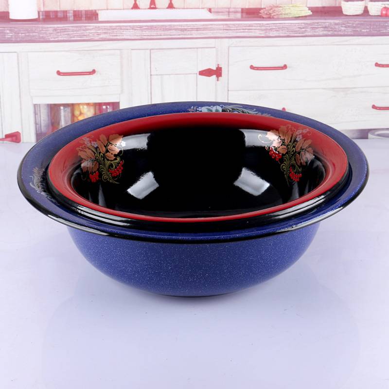 加厚搪瓷盆家用洗脸盆泡脚盆大号深盆西域风情老式搪瓷盆洗衣铁盆