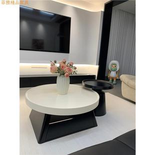 黑茶白几家用客厅2625款 圆形简新约油风小户奶型极简轻奢茶几 法式