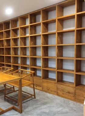 2I老榆木书架木FWE隔全落地置物架满墙格断子定实制原木格子架吊