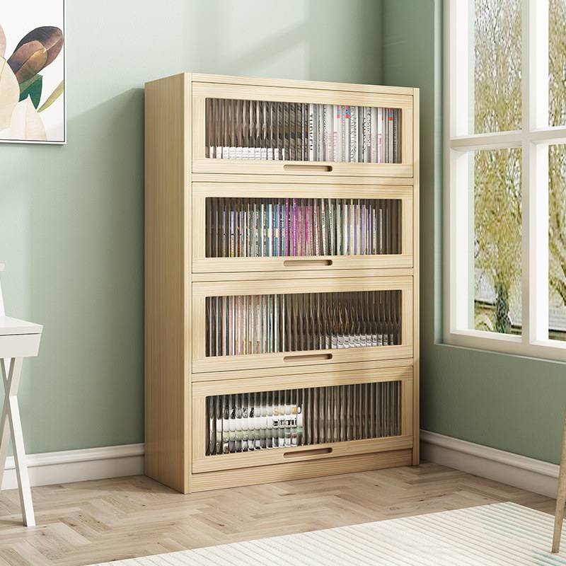 松木书架全实木落地置物架防尘储物柜有机玻璃门移动自由组合书柜