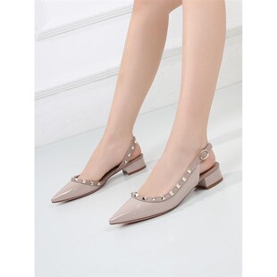 铆钉细高跟单鞋女粗跟尖头裸色法式平底鞋一字带侧空漆皮包头凉鞋