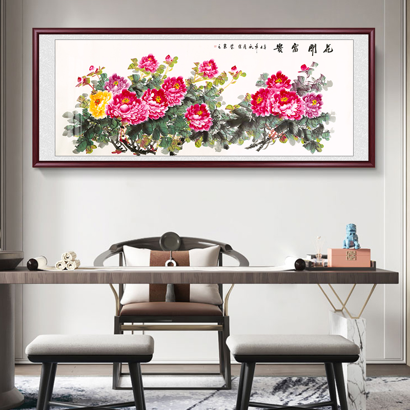 新中式花开富贵客厅挂画纯手绘国画牡丹装饰画沙发背景墙餐厅壁画图片
