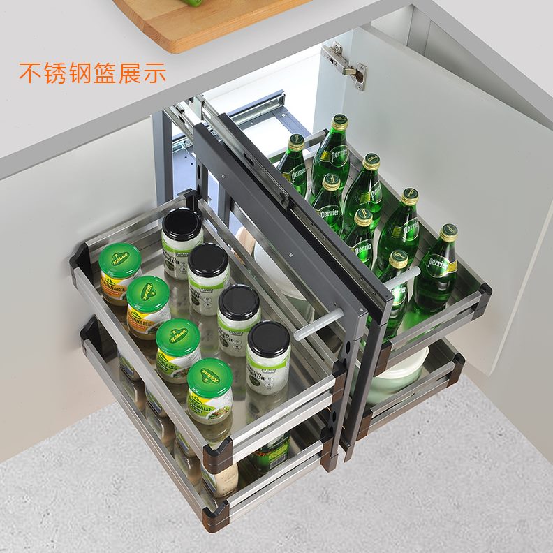 架小开门内置出厨房厨柜钢化玻璃拉篮转角橱柜抽屉式收纳全怪物拉