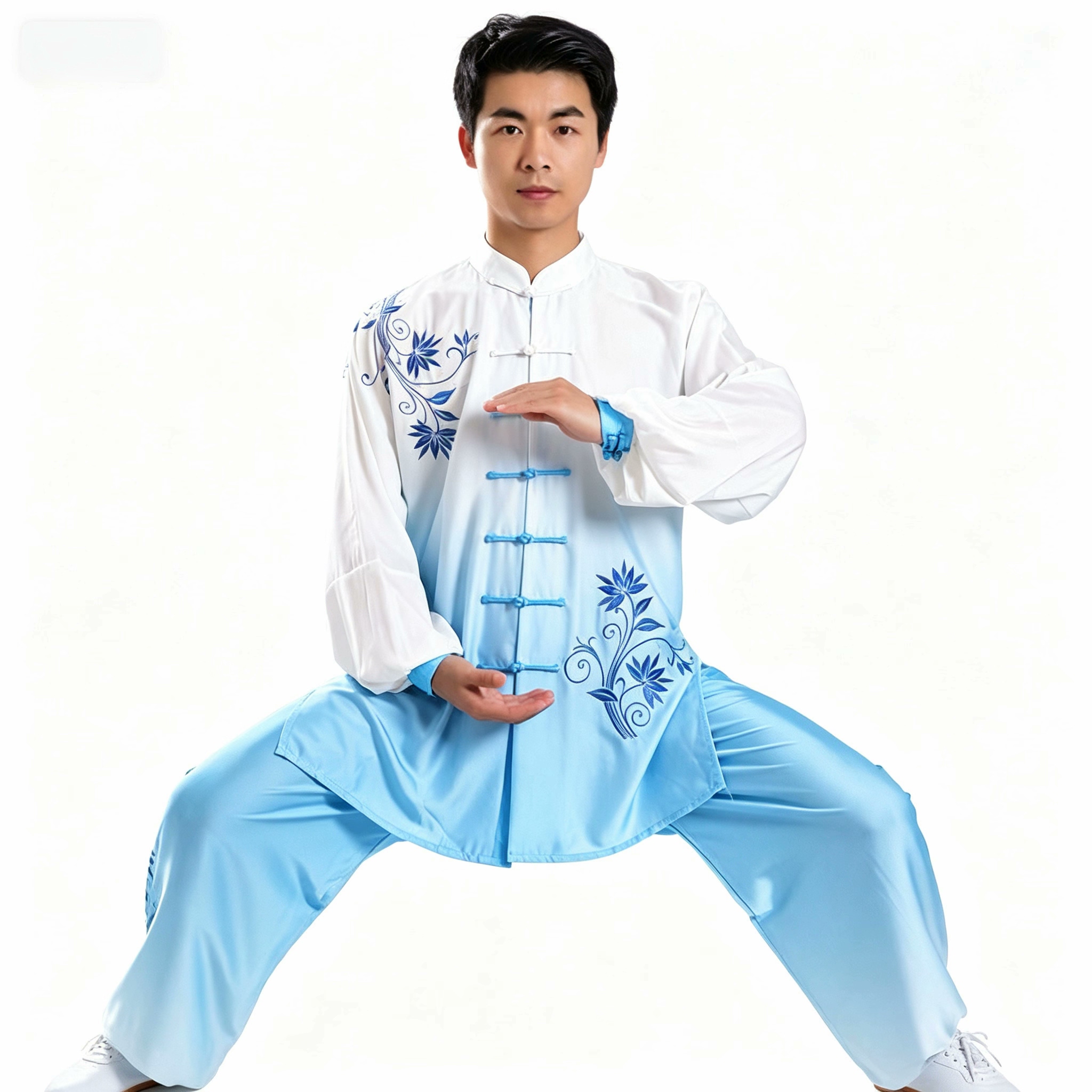 刺绣青花瓷渐变色太极拳练功服男女八段锦武术表演服四季款