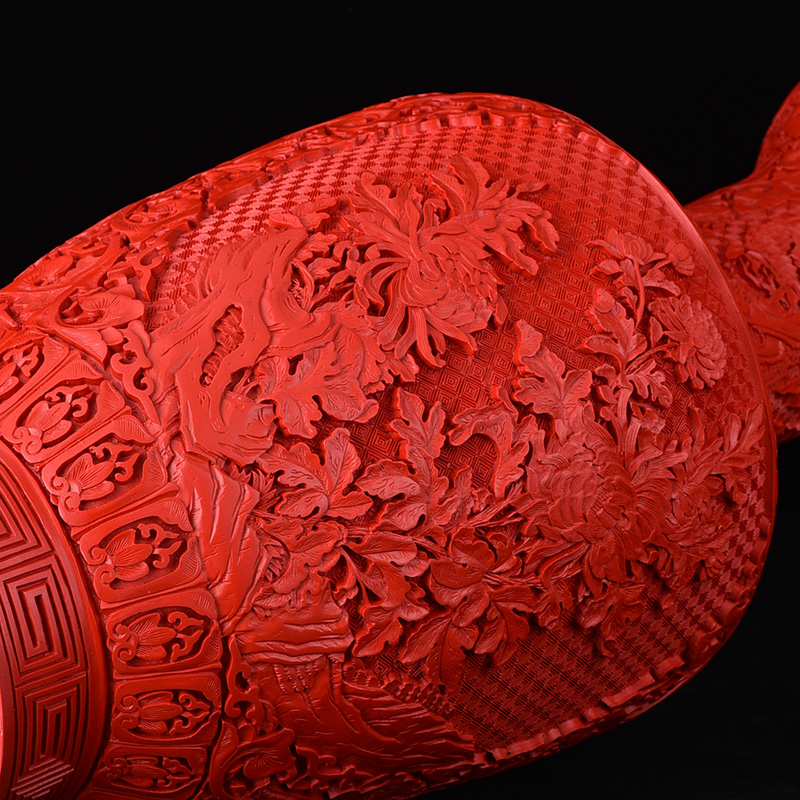 大号扬州漆器厂花瓶摆件剔红雕漆工艺礼品中式客厅家居插花装饰品