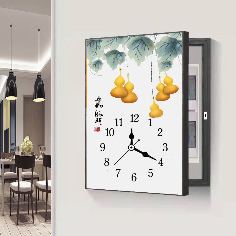 电表箱装饰画带钟表现代简约竖款免打孔遮挡配电箱电闸合客厅挂画