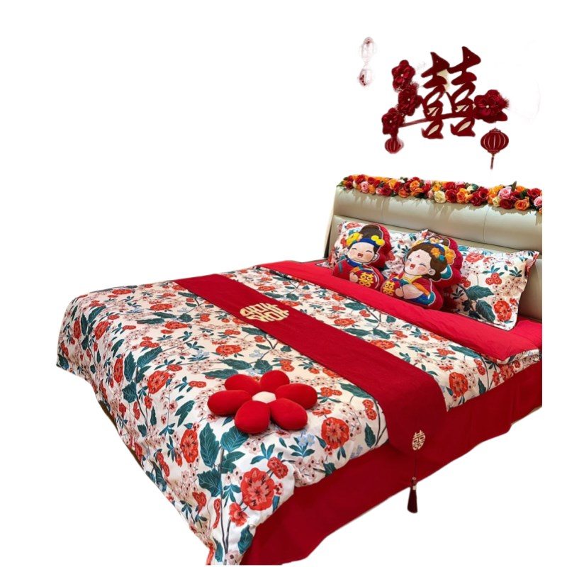 简约印花100支婚庆四件套2025新款红色被套新婚床单结婚床上用品4