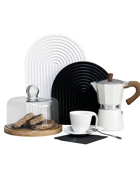 样板间厨房摆件饰品家居软装搭配白色咖啡壶木砧板玻璃防尘蛋糕罩