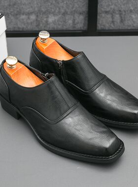 皮鞋男商务正装方头套脚一脚蹬男鞋夏季英K伦内增高软皮结婚新郎