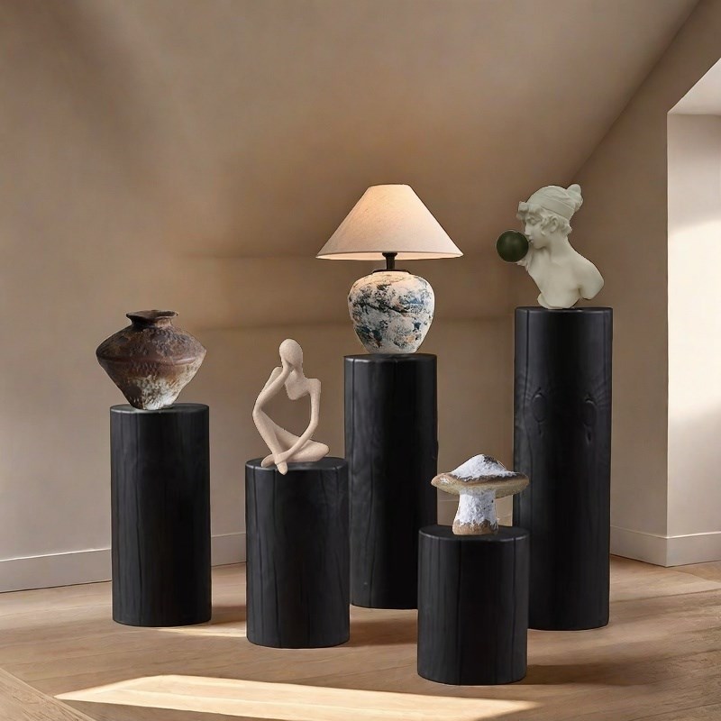 碳化木墩实木花架圆柱木桩客厅木底座原I木复古树桩玄关摆件侘寂