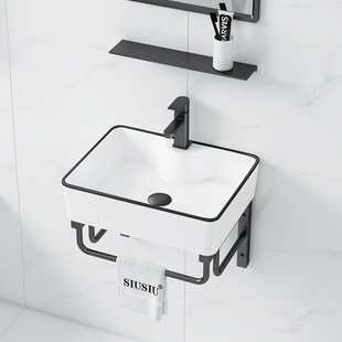 北欧小户型e挂墙式 简约黑色边陶瓷洗手盆不锈钢支架简易阳台洗脸