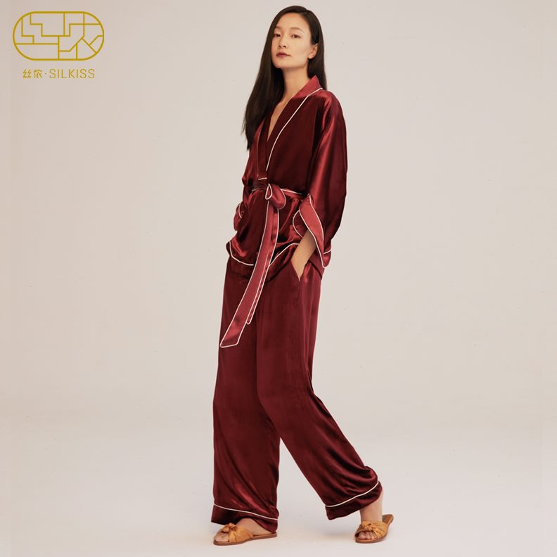 睡袍女真丝丝绒新中式侬感套装丝红色晨袍高级结婚新娘家居服春秋