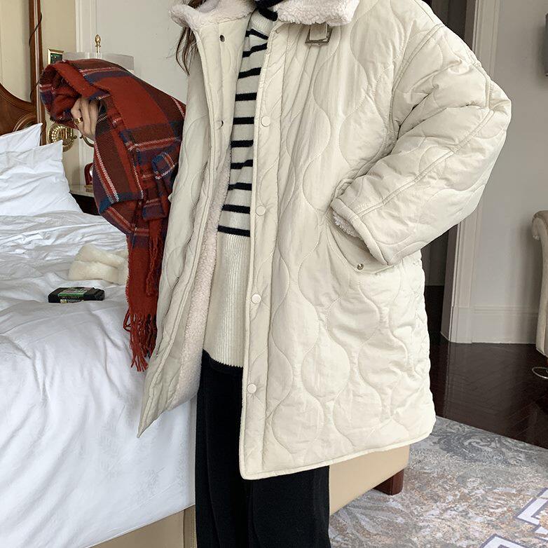 中长款棉服女冬新款韩版港风ins加绒加厚羊羔毛学生外套2022棉衣